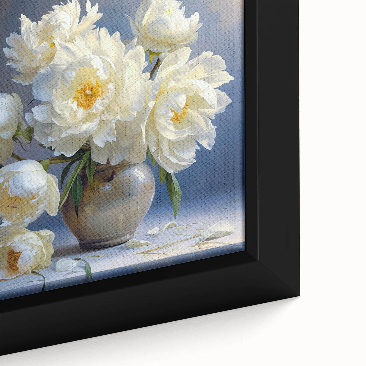 Close-up of a framed botanical wall art piece featuring a vibrant pink peony design on canvas, showcasing intricate petal details and a soft green background, perfect for home decor.