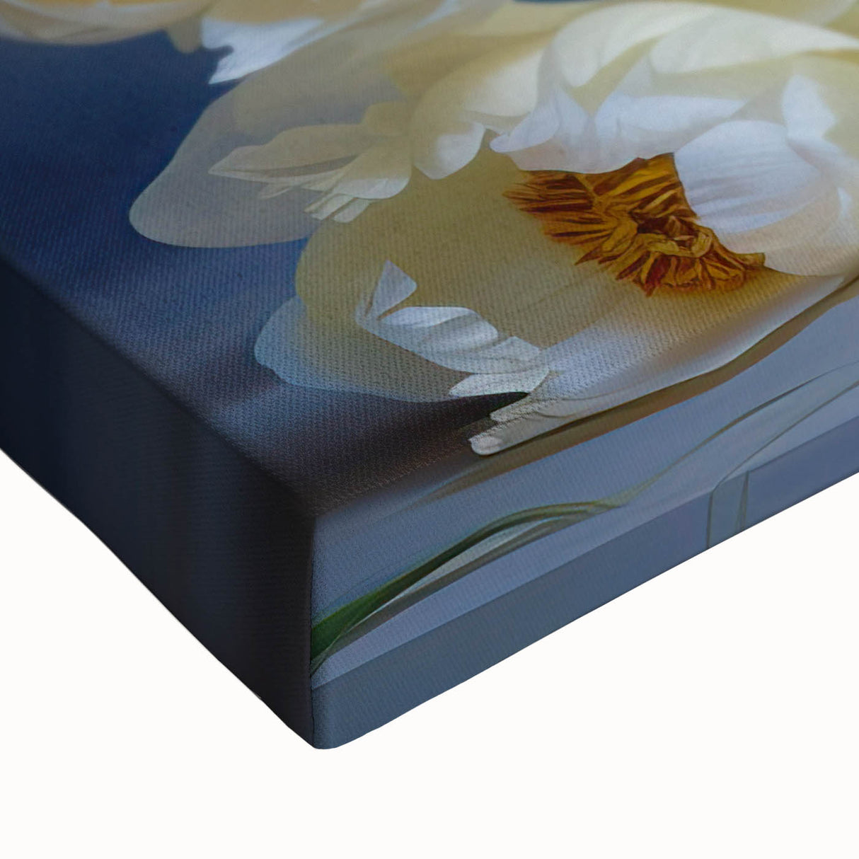 Close-up of a vibrant botanical peony design on stretched canvas wall art, showcasing intricate floral details in soft pink and green hues, perfect for home decor.