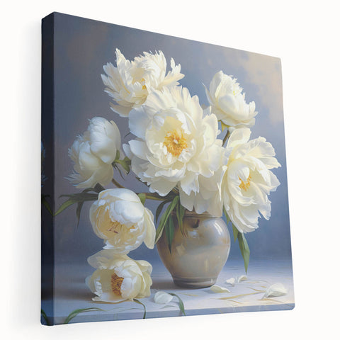 Stretched canvas wall art showcasing a vibrant botanical peony design, featuring soft pink and white petals against a textured background, perfect for home decor.