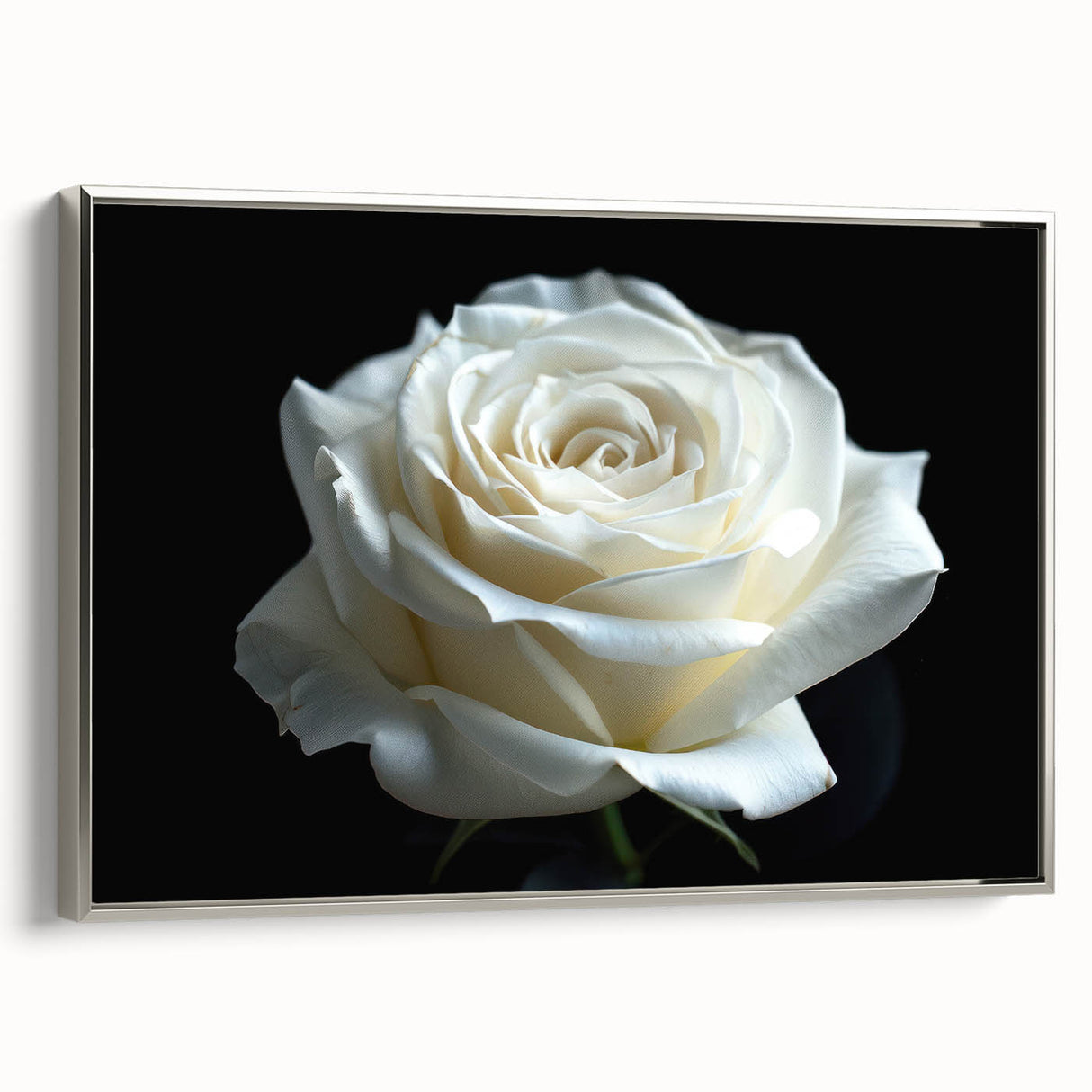 Framed botanical wall art showcasing a delicate rose design with a silver frame, viewed from the side, perfect for enhancing home decor with floral elegance.