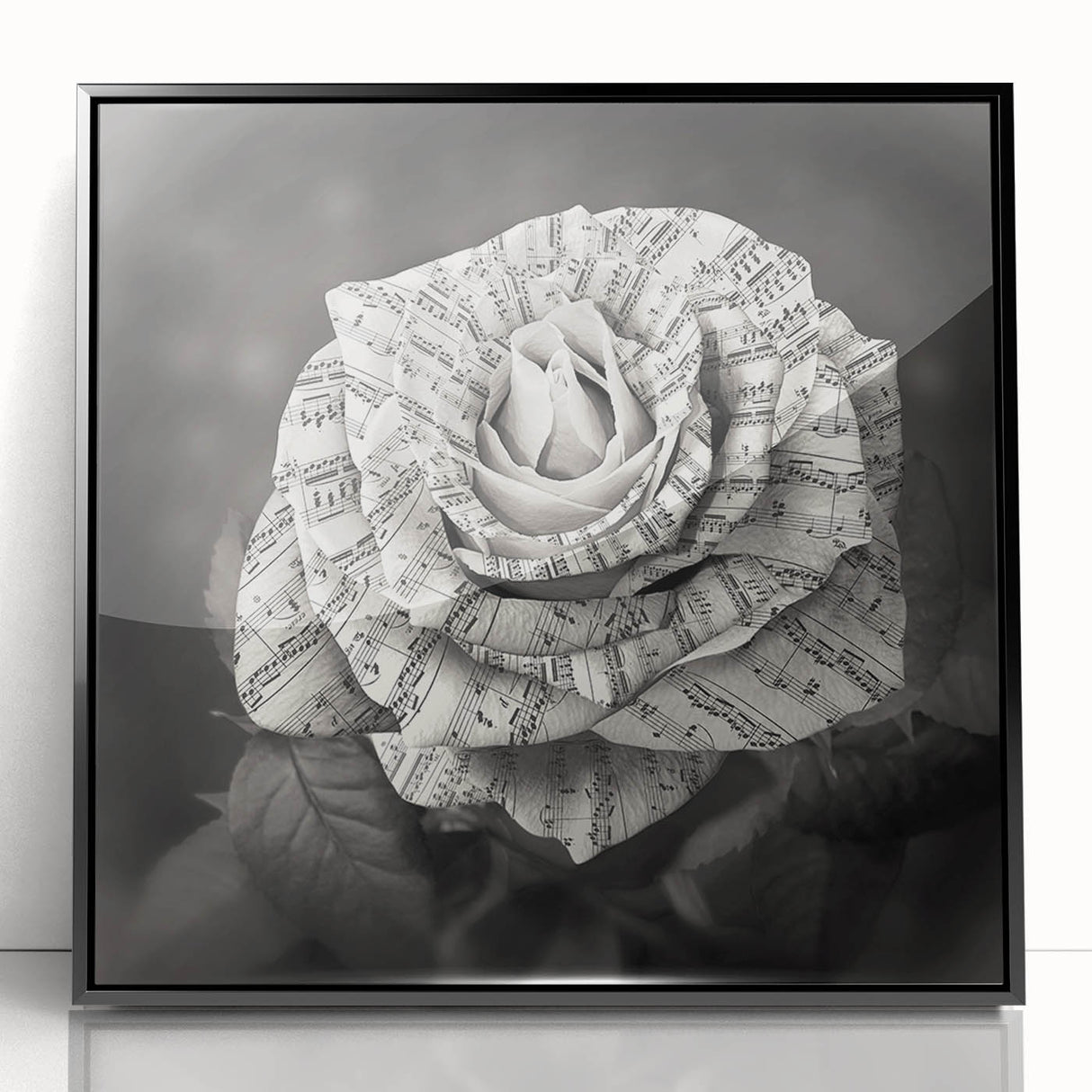 Framed wall art featuring a botanical rose design with vibrant colors, set against a sleek black frame, perfect for home decor or floral-themed interiors.