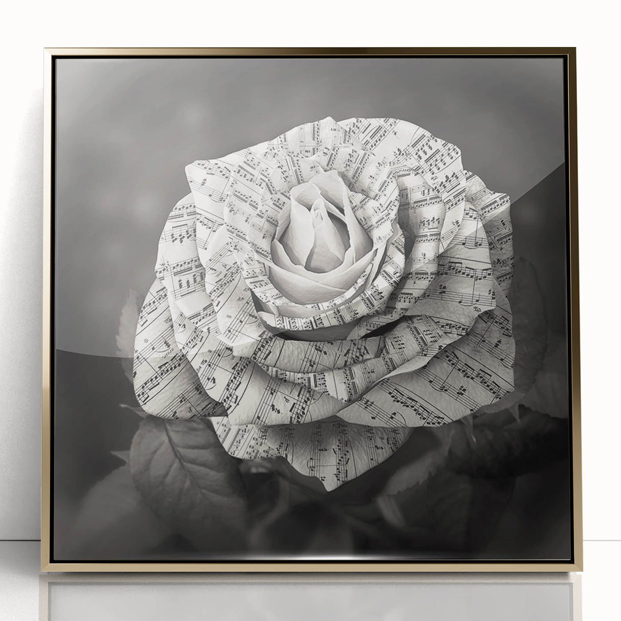 Framed wall art featuring a botanical rose design with intricate gold accents, displayed in a modern setting. Perfect for adding elegance to home décor.