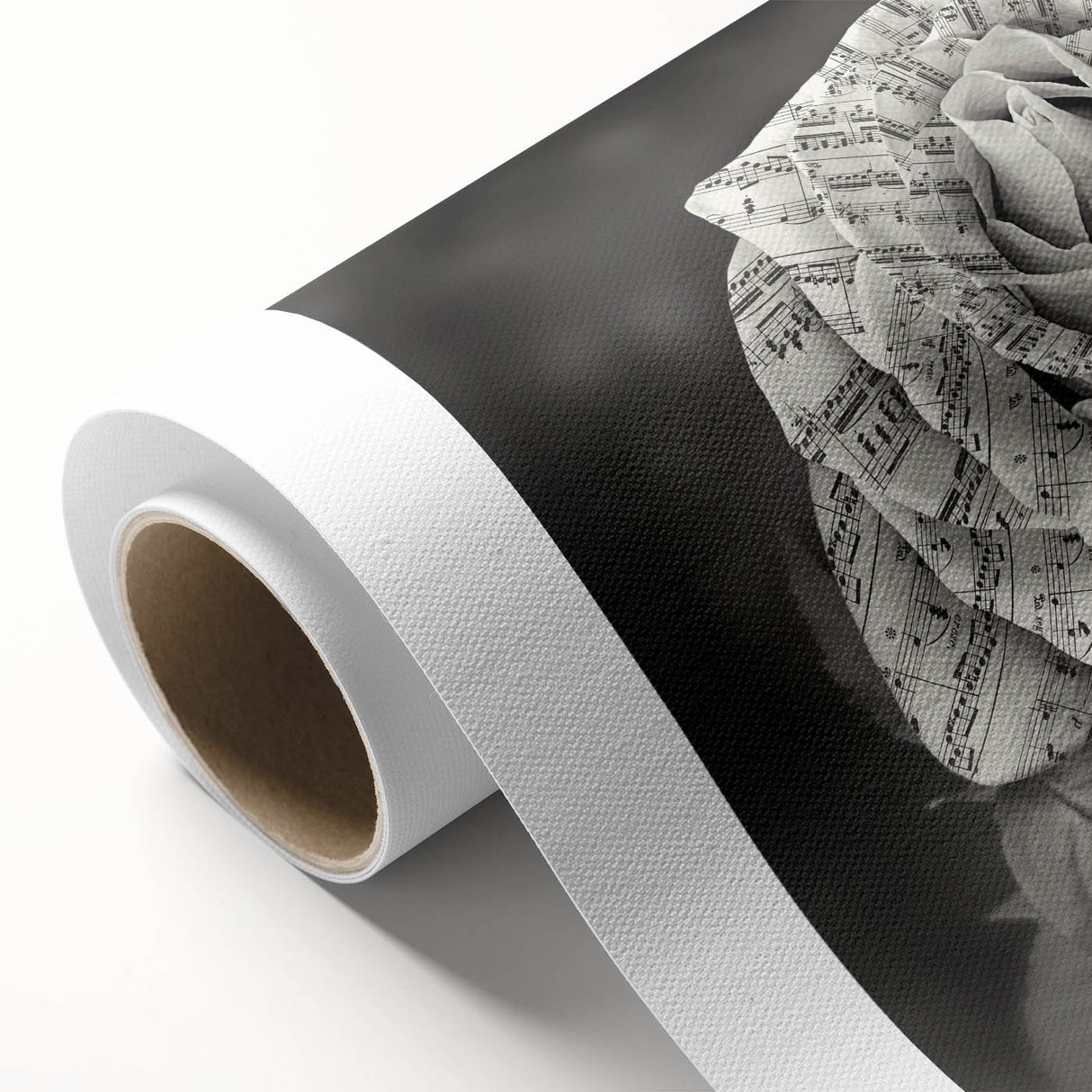 Botanical rose design wall art on rolled canvas, showcasing intricate floral patterns in soft pink and green hues, perfect for home decor.