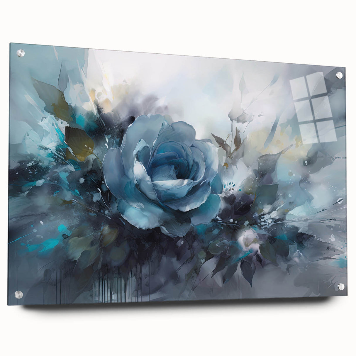 Botanical wall art collection showcasing a delicate rose design on acrylic glass, featuring a side view with decorative pins, perfect for home decor enthusiasts.