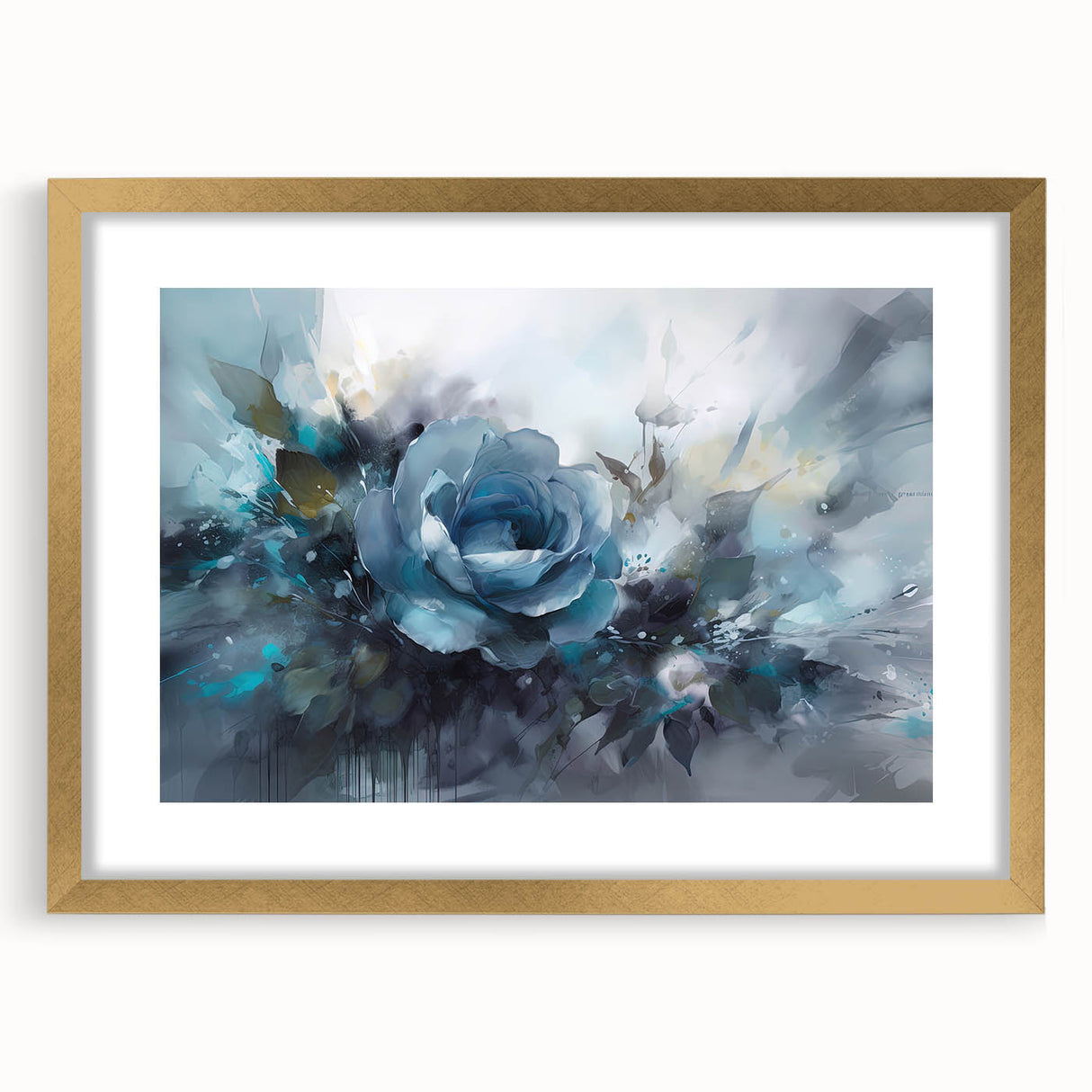 Floral botanical wall art featuring a detailed rose design within a gold frame, elegantly matted, ideal for home decor to enhance aesthetic appeal.