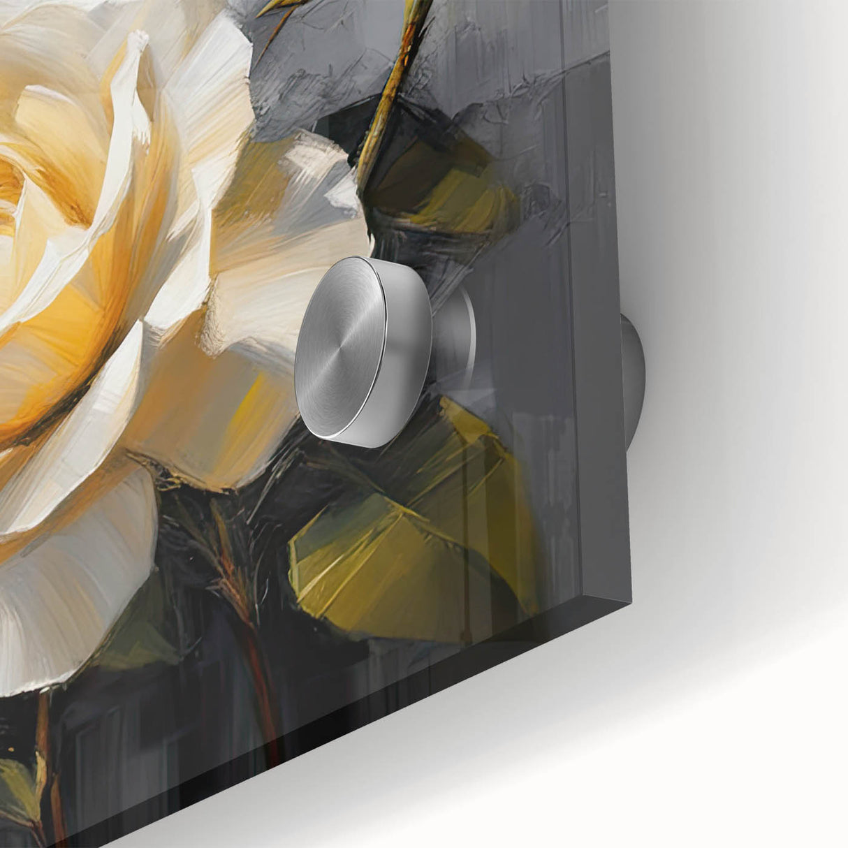 Close-up of a stunning botanical rose design wall art piece, showcasing intricate details and vibrant colors, printed on high-quality acrylic glass for a modern aesthetic. This artwork adds elegance and a touch of nature-inspired beauty to any interior space.