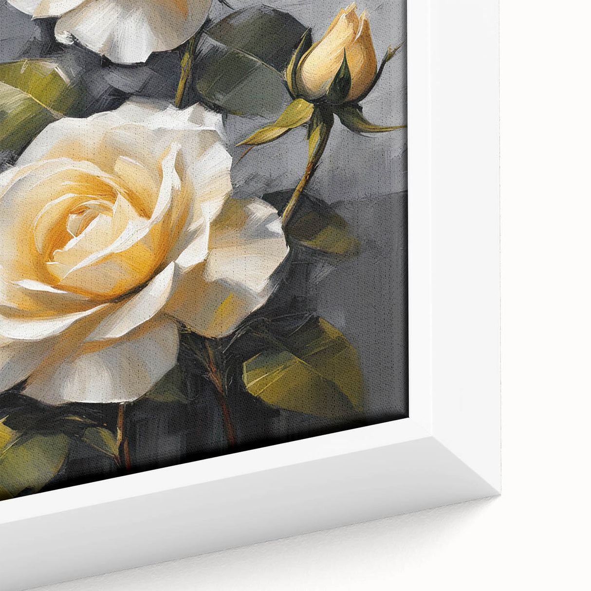 Close-up of a framed botanical wall art piece showcasing vibrant pink roses on a textured canvas, ideal for home decor and floral enthusiasts.