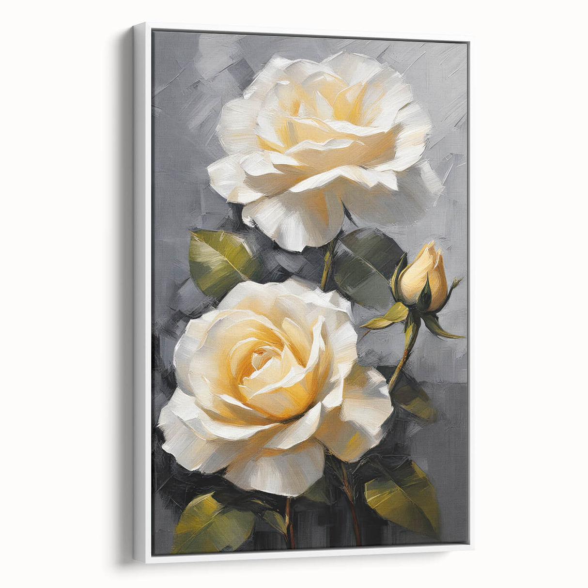 Framed botanical rose wall art in white, showcasing a delicate floral design on textured canvas. Ideal for enhancing home decor with a touch of nature.