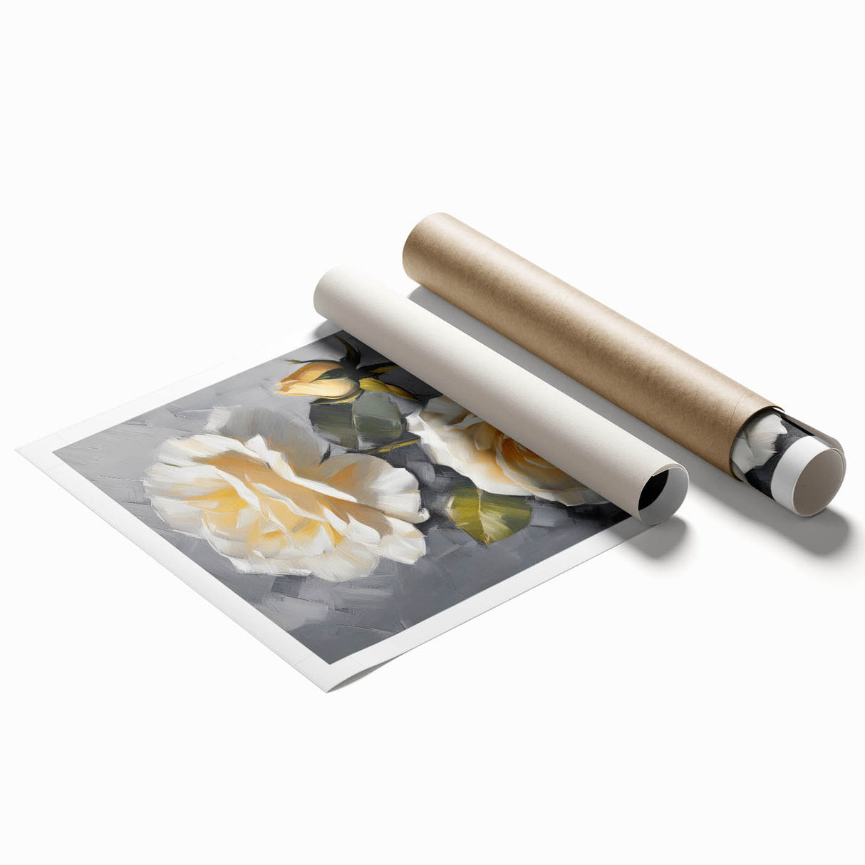 Botanical rose design wall art print showcasing delicate pink and white roses with lush green leaves, rolled and ready for display, perfect for home decor enthusiasts.