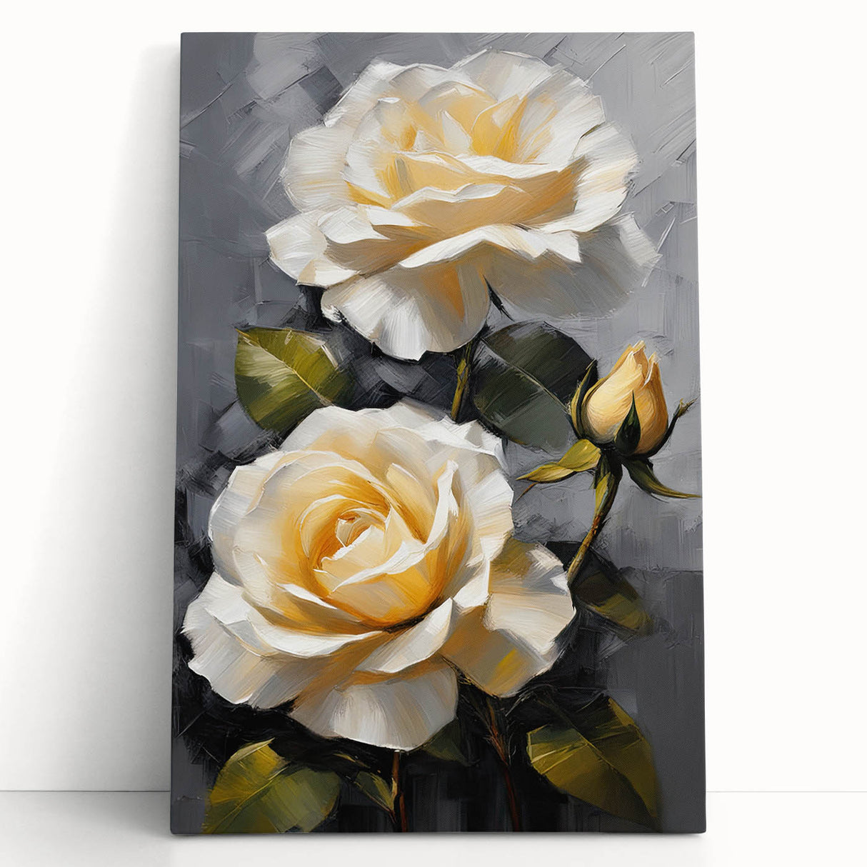 Botanical wall art featuring a vibrant rose design on stretched canvas, elegantly leaning against a neutral wall, ideal for home decor or floral enthusiasts.