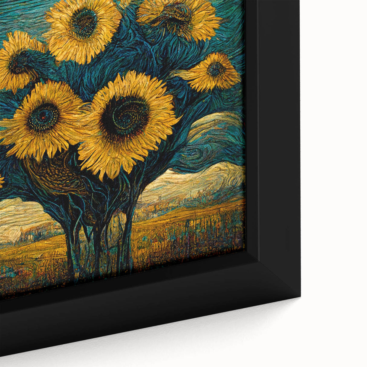 Close-up of a framed canvas wall art featuring a vibrant sunflower design with intricate botanical details, perfect for brightening any living space or office decor.