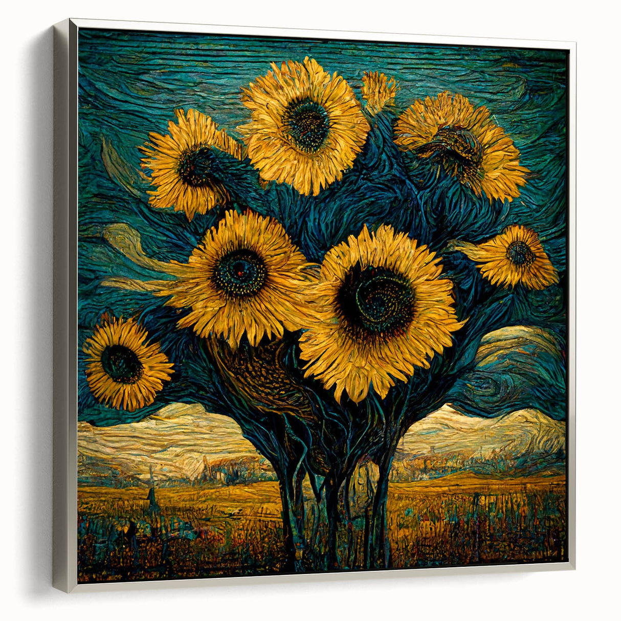 Framed botanical wall art featuring a vibrant sunflower design on canvas, elegantly displayed with a silver frame, adding a touch of nature-inspired decor to any space.