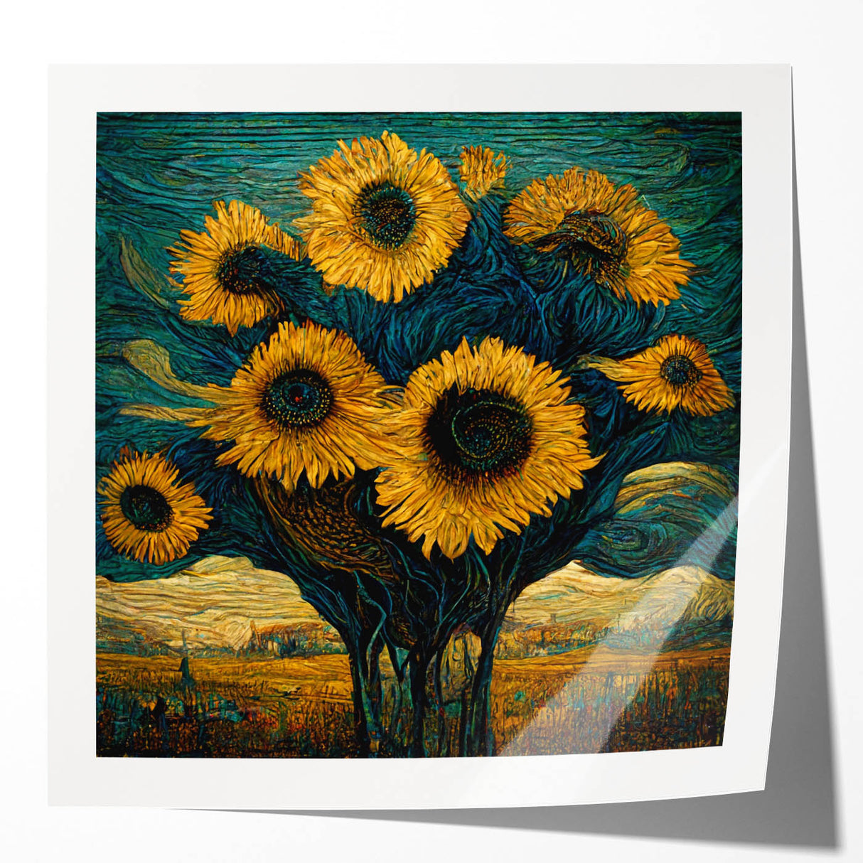 Vibrant botanical wall art print showcasing a detailed sunflower design, emphasizing rich yellow petals and green leaves, perfect for home decor or floral-themed spaces.