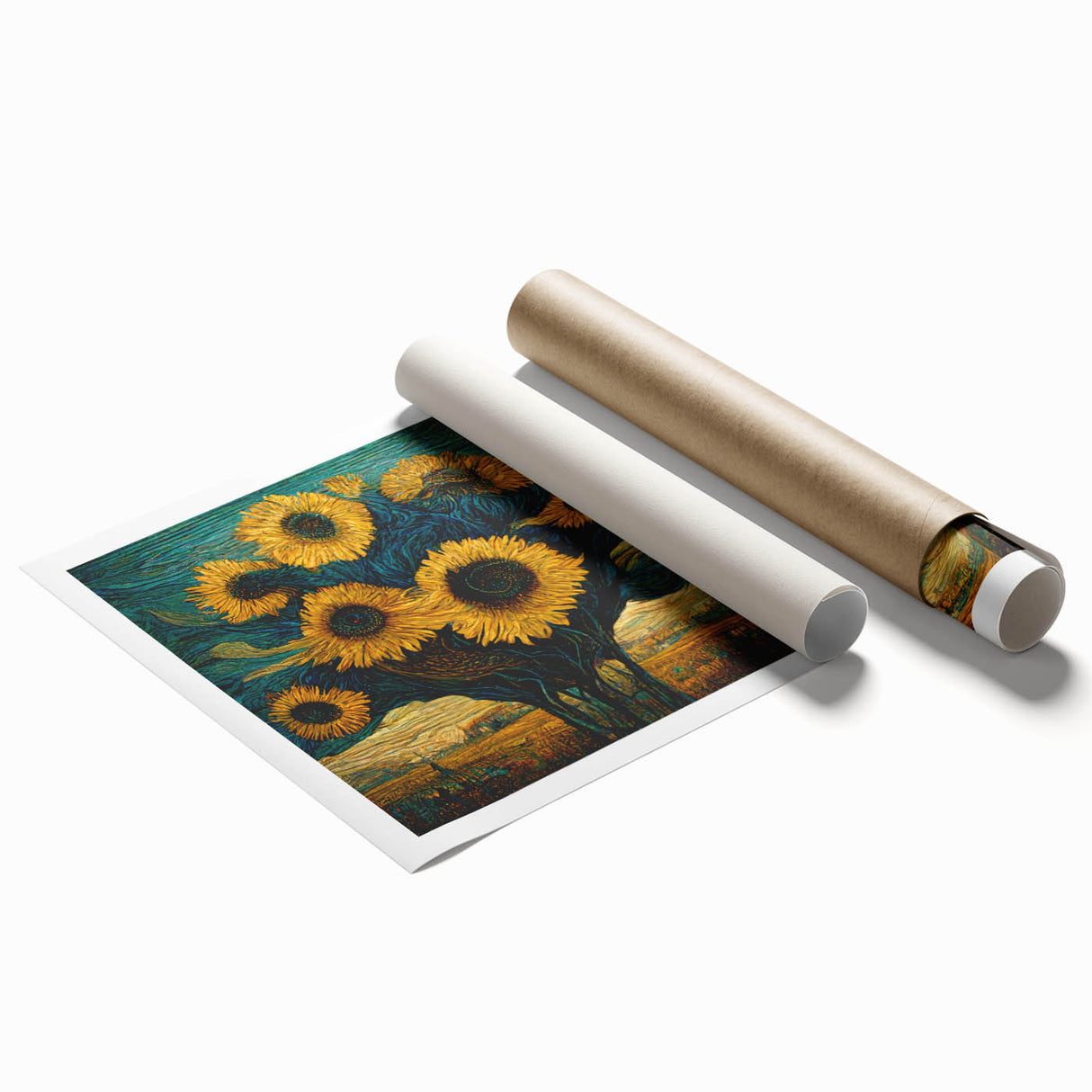Botanical wall art print showcasing a vibrant sunflower design with intricate details, rolled for easy display. Ideal for enhancing home decor with a touch of nature.
