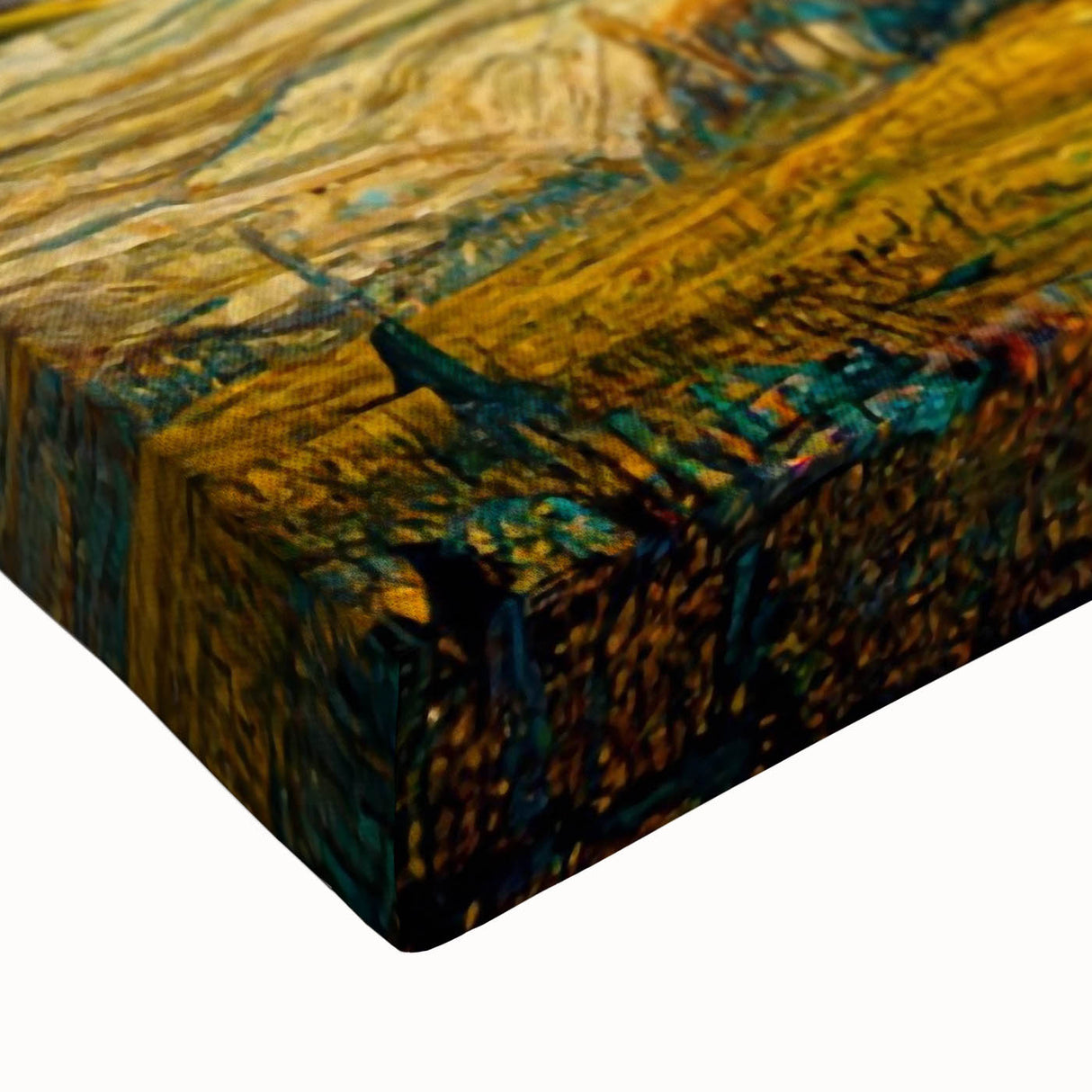 Close-up of a vibrant sunflower botanical wall art design on stretched canvas, showcasing intricate petal details and rich yellow hues, perfect for home decor.