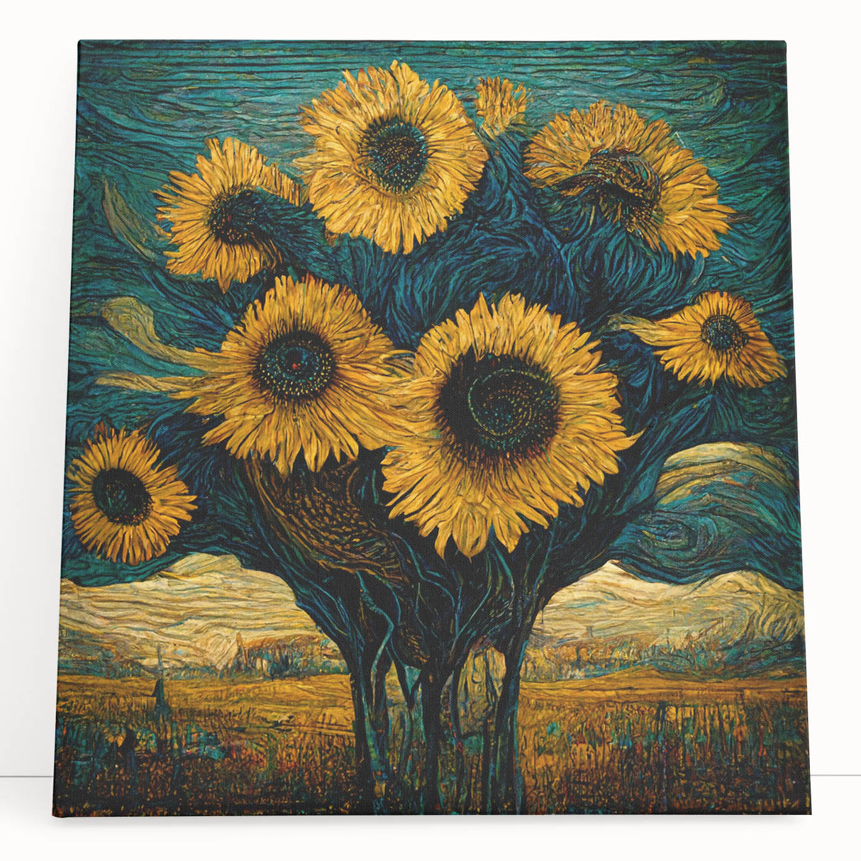 Vibrant botanical sunflower wall art design on stretched canvas, showcasing rich yellow petals against a soft background, perfect for brightening home decor.
