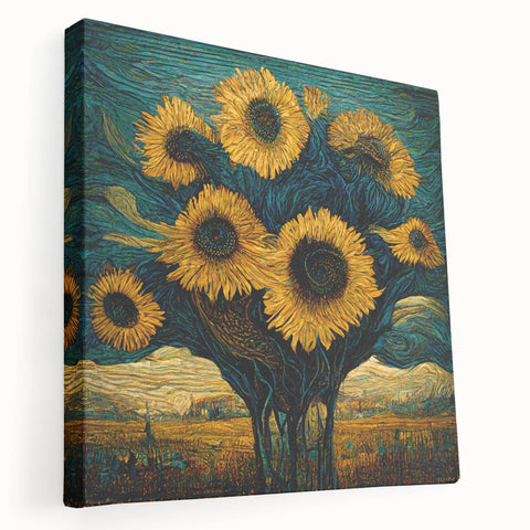 Stretched canvas artwork showcasing a vibrant sunflower design with intricate botanical details, ideal for brightening home decor in living spaces or offices.