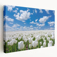 Stretched canvas showcasing a vibrant botanical tulip design with rich colors, elegantly framed, highlighting intricate floral details and textures in a contemporary setting.