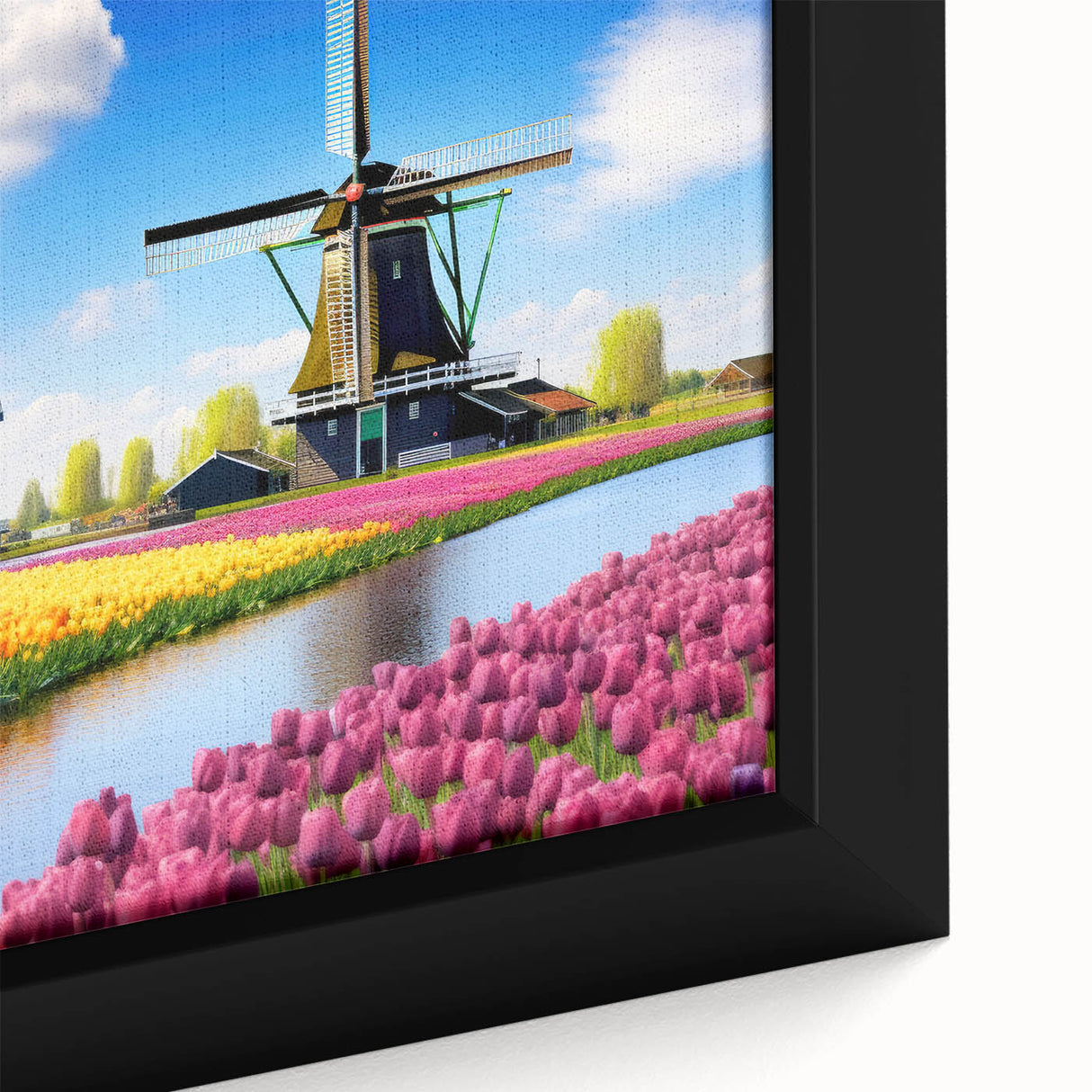 Close-up of a vibrant botanical wall art design showcasing colorful tulips on a framed canvas, perfect for enhancing home decor with floral elegance.