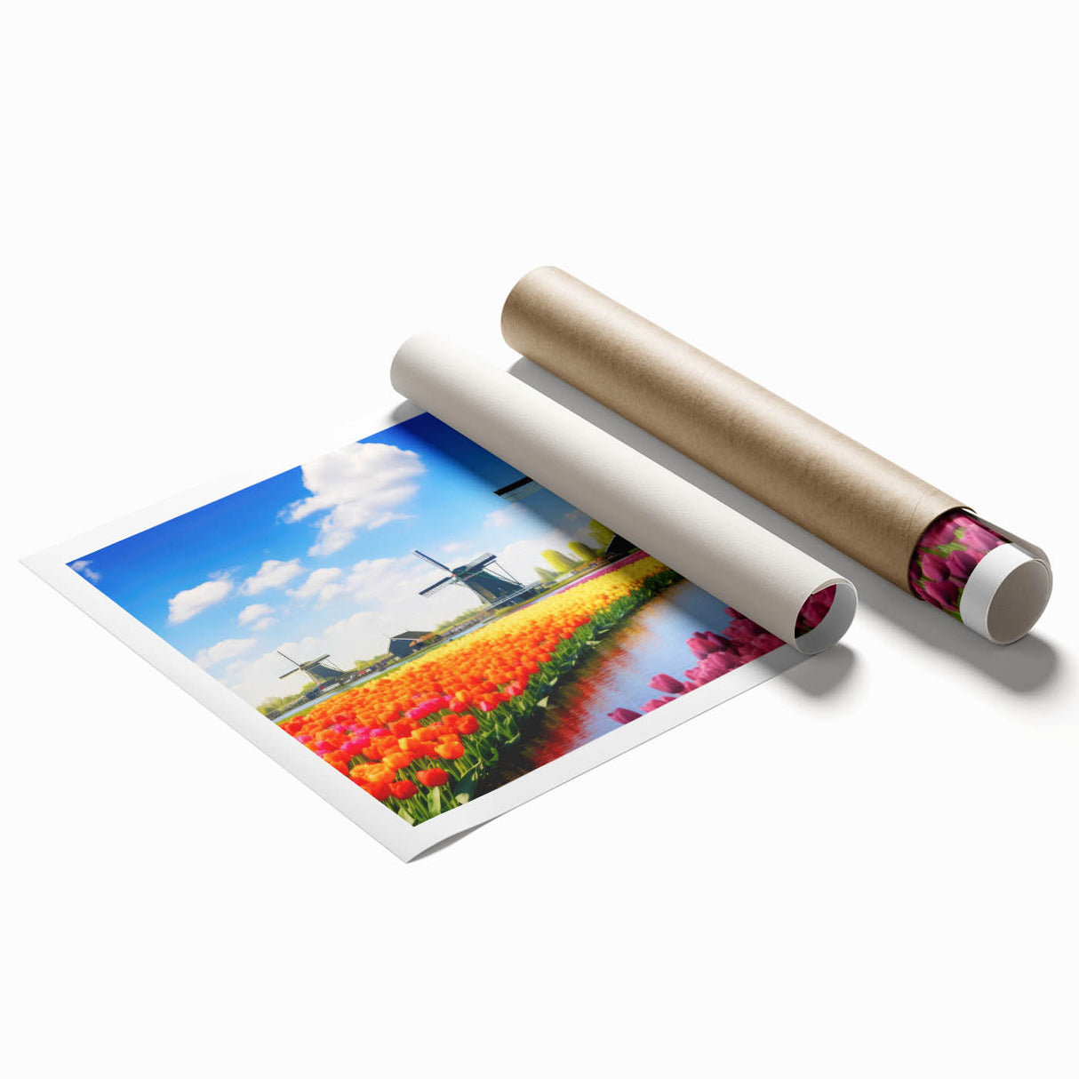 Vibrant botanical tulip wall art print showcasing intricate flower details in soft pastel colors, elegantly rolled for easy display and shipping. Perfect for home decor enthusiasts seeking a touch of nature.