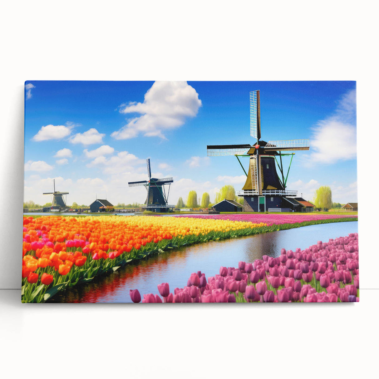 Stretched canvas wall art featuring a botanical design of vibrant tulips in soft pink and yellow hues, elegantly leaning against a neutral background to enhance any room's decor.