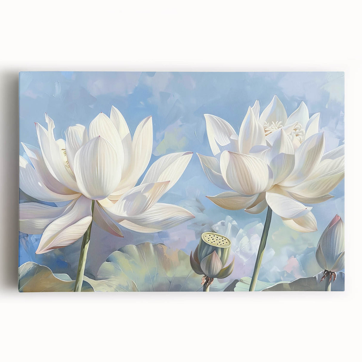 Vibrant botanical wall art featuring a delicate water lily design on stretched canvas, showcasing intricate details and rich colors, perfect for home decor enhancement.