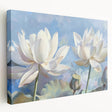 Stretched canvas artwork showcasing a vibrant botanical water lily design, featuring rich greens and delicate pinks, perfect for enhancing home decor with a natural touch.