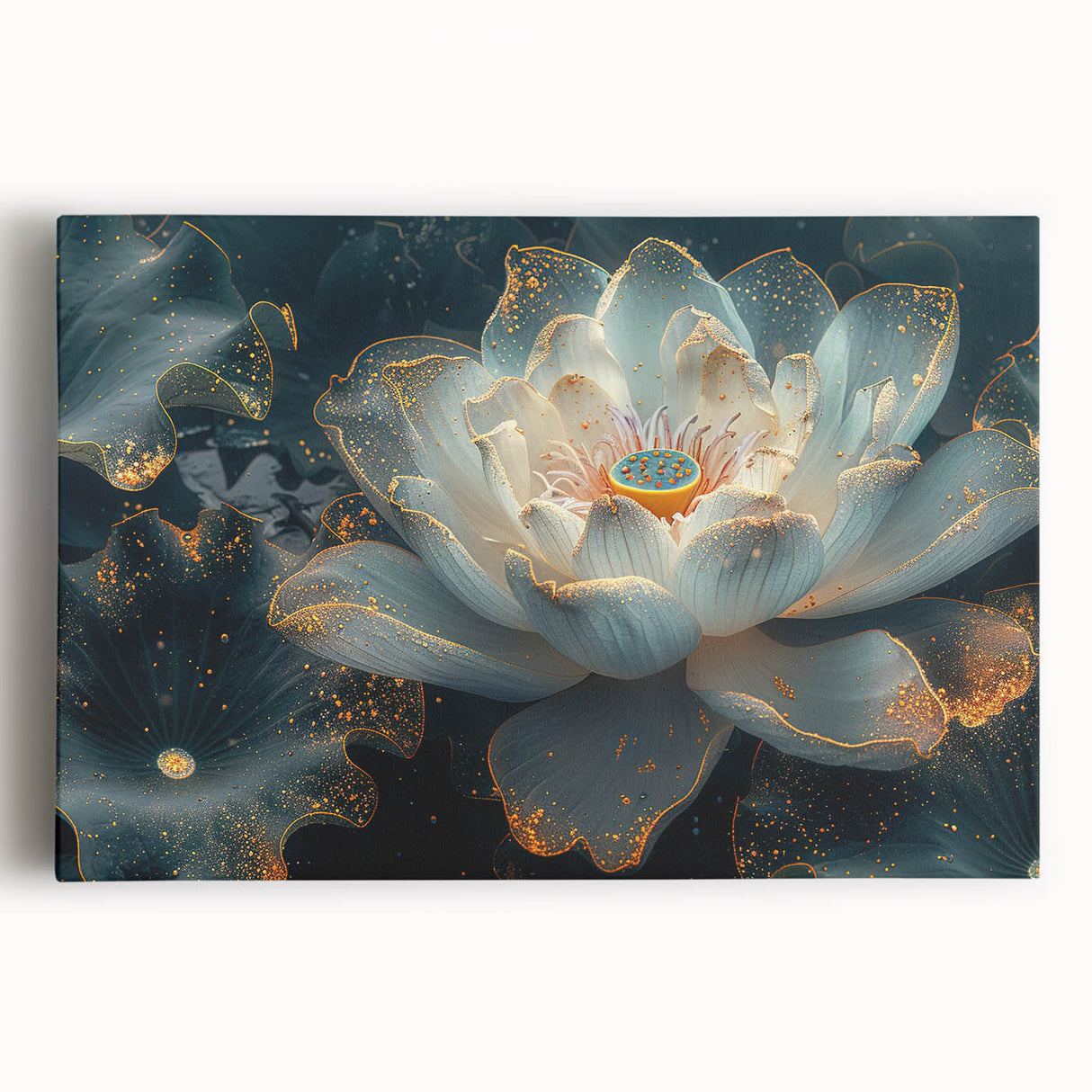 Stretched canvas wall art showcasing a vibrant botanical water lily design, featuring intricate floral details and soft colors, perfect for home decor.