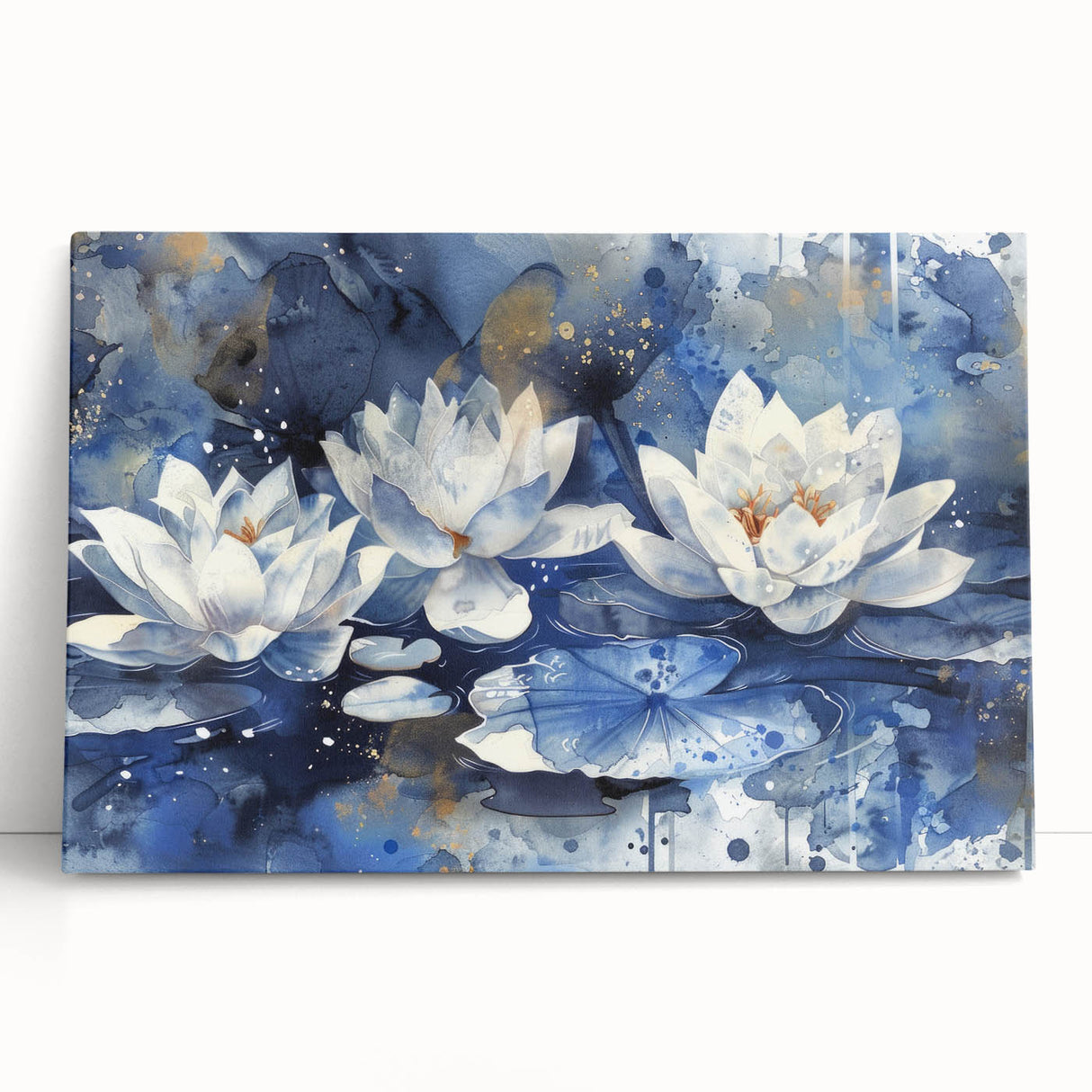 Stretched canvas wall art showcasing a vibrant botanical water lily design, featuring rich colors and intricate details, perfect for home decor or nature-themed spaces.
