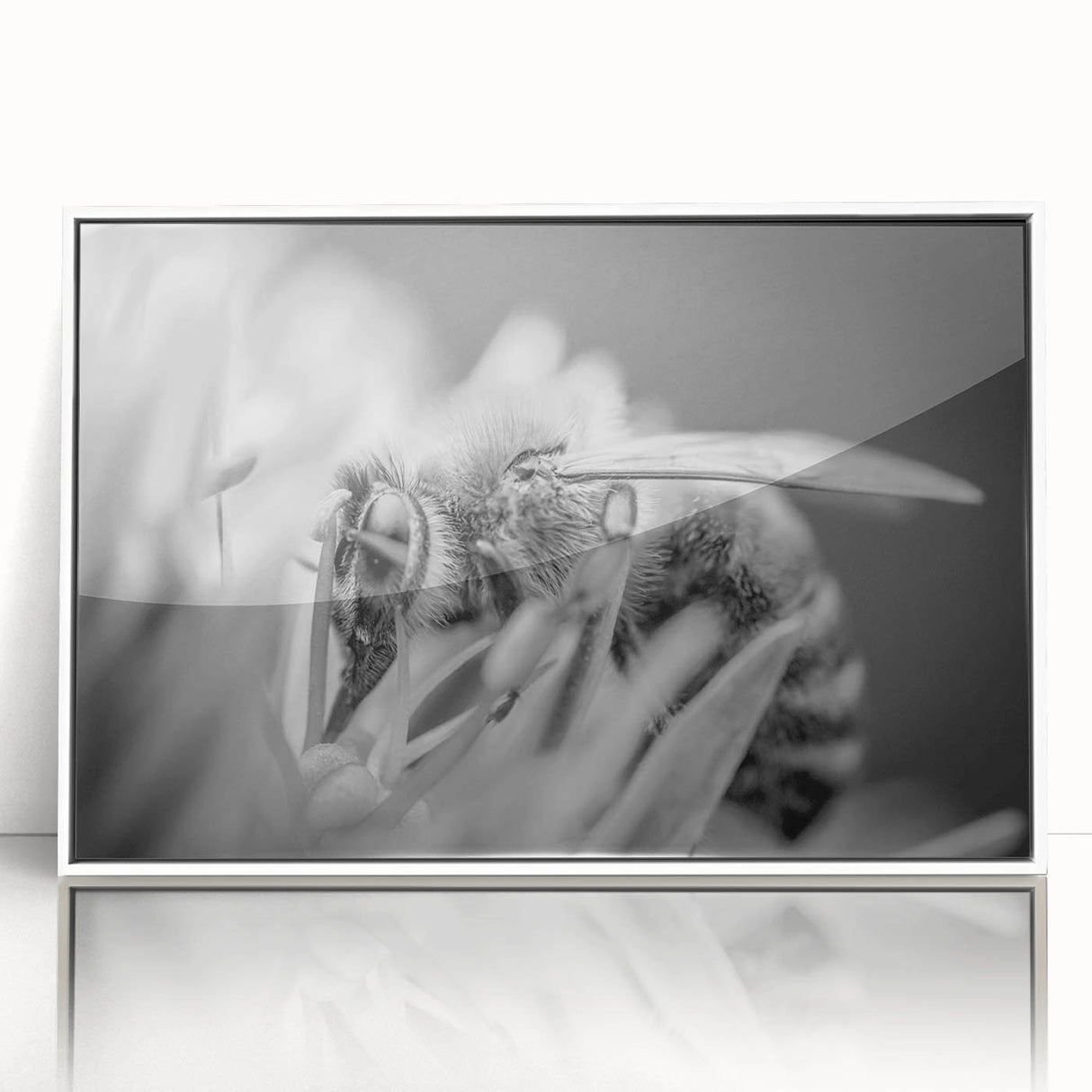 Framed wall art featuring a detailed illustration of bees, showcasing vibrant colors and intricate patterns, perfect for nature enthusiasts and modern decor.