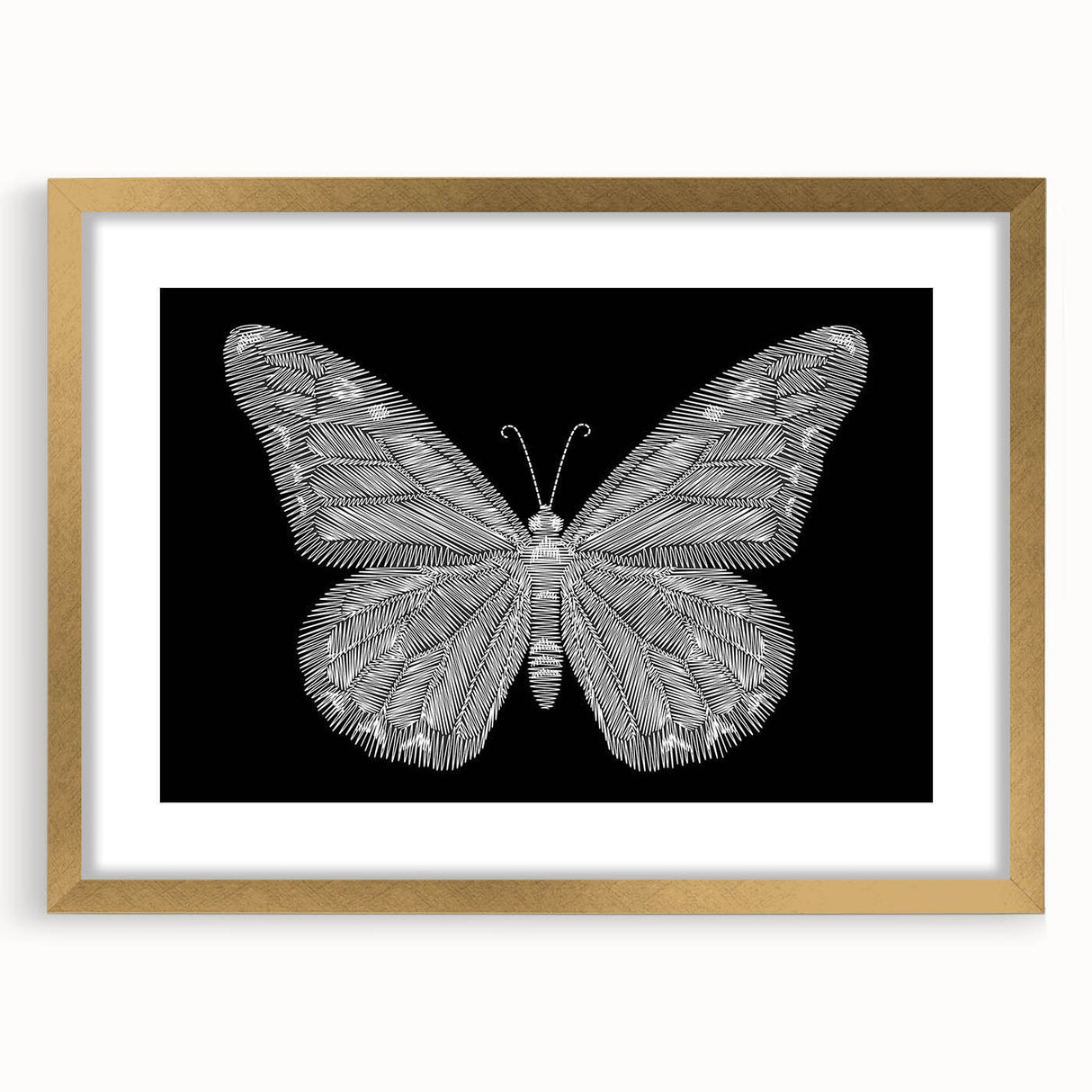 Elegant gold-framed wall art featuring a detailed butterfly design, surrounded by a white mat. This stylish decor piece enhances any room with its intricate insect and arachnid theme, perfect for nature lovers and modern interiors.