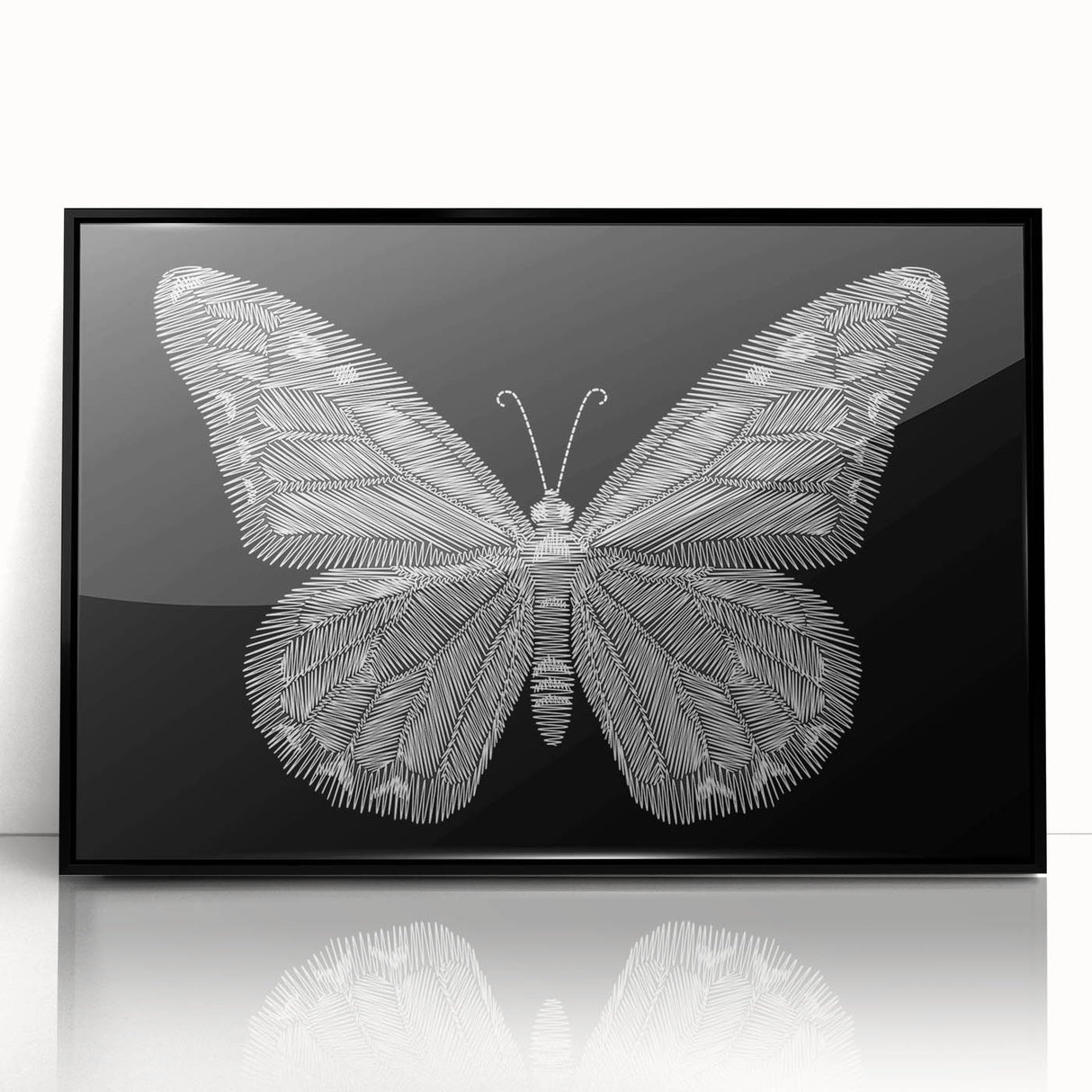 Framed wall art featuring a vibrant butterfly design, showcasing intricate insect and arachnid details in a sleek black frame, perfect for modern decor.
