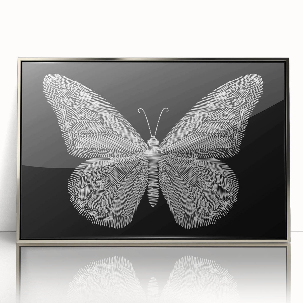 Framed wall art featuring a vibrant butterfly design from the Insect and Arachnid collection, showcasing intricate details and a sleek silver frame, perfect for modern decor.