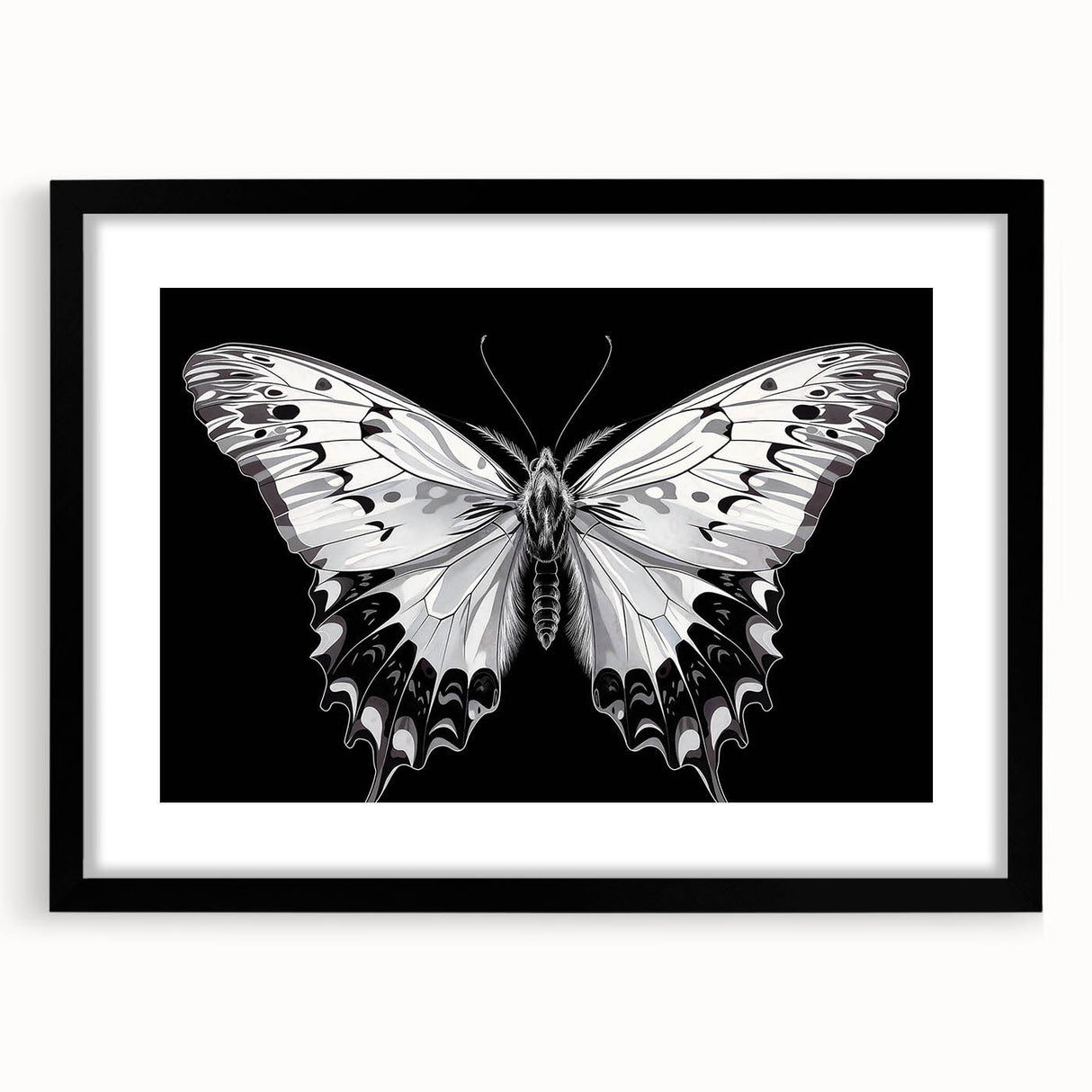 Framed wall art collection showcasing a vibrant butterfly and insect design, featuring a sleek black frame and mat, perfect for nature enthusiasts and home decor.