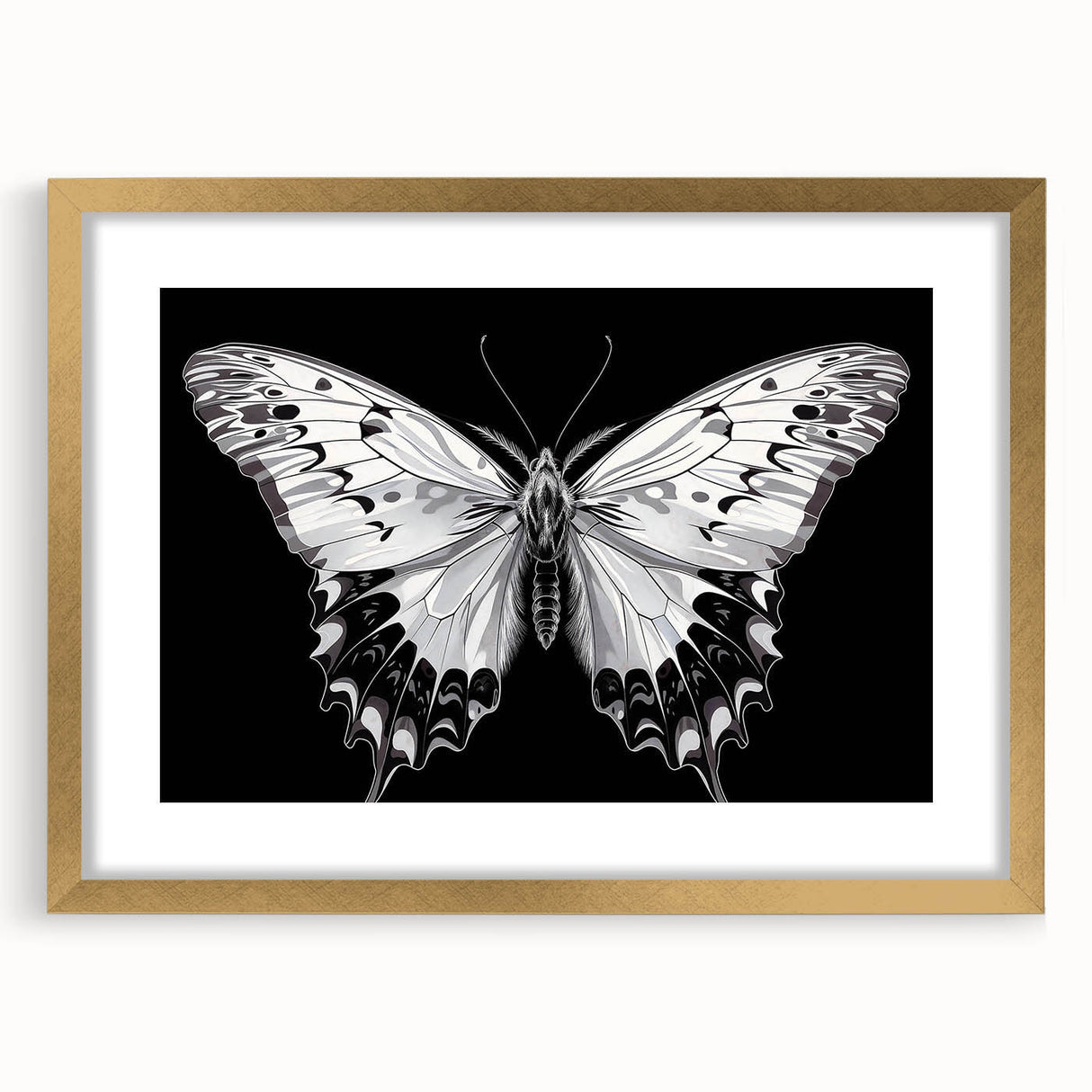 Framed wall art showcasing a stunning butterfly design, with intricate insect and arachnid details, set against a gold mat, ideal for nature-themed decor.