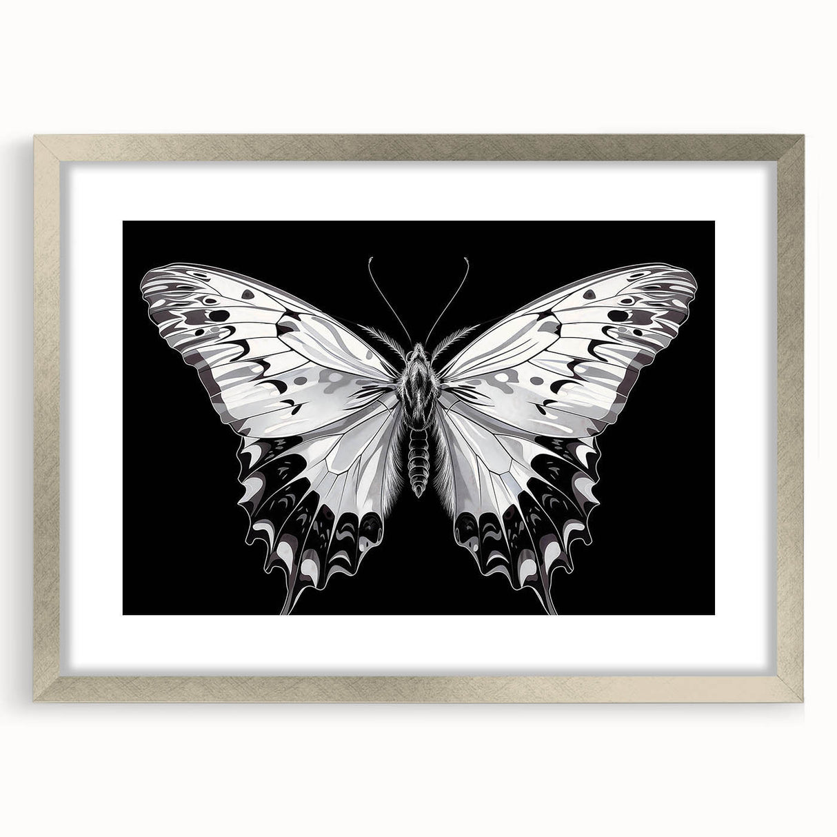 Framed wall art featuring a butterfly design from the Insect and Arachnid collection, showcasing intricate details and vibrant colors against a silver frame and mat.