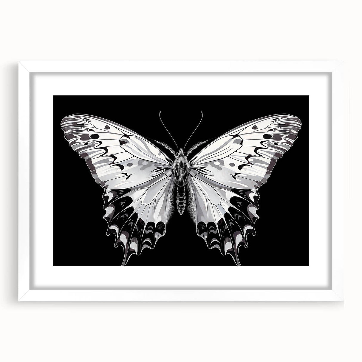 Framed wall art featuring a vibrant butterfly and arachnid design on a white mat, ideal for nature enthusiasts and modern decor, showcasing intricate details and colors.