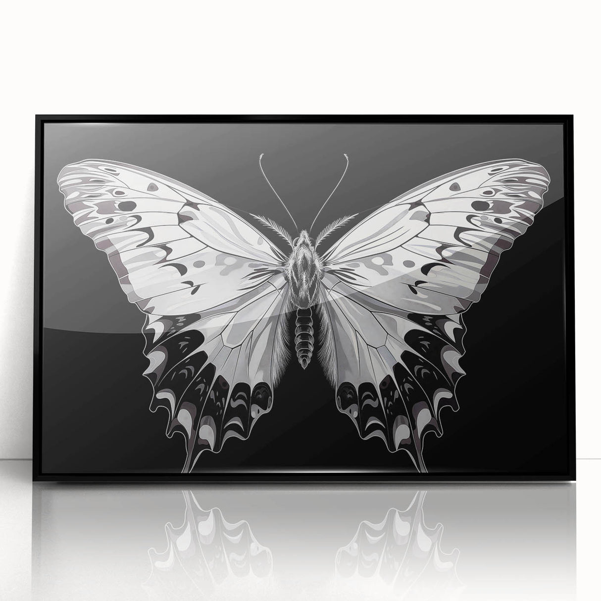 Framed wall art featuring a colorful butterfly design with intricate details, set in a sleek black frame, perfect for enhancing home decor and adding a touch of nature-inspired elegance.