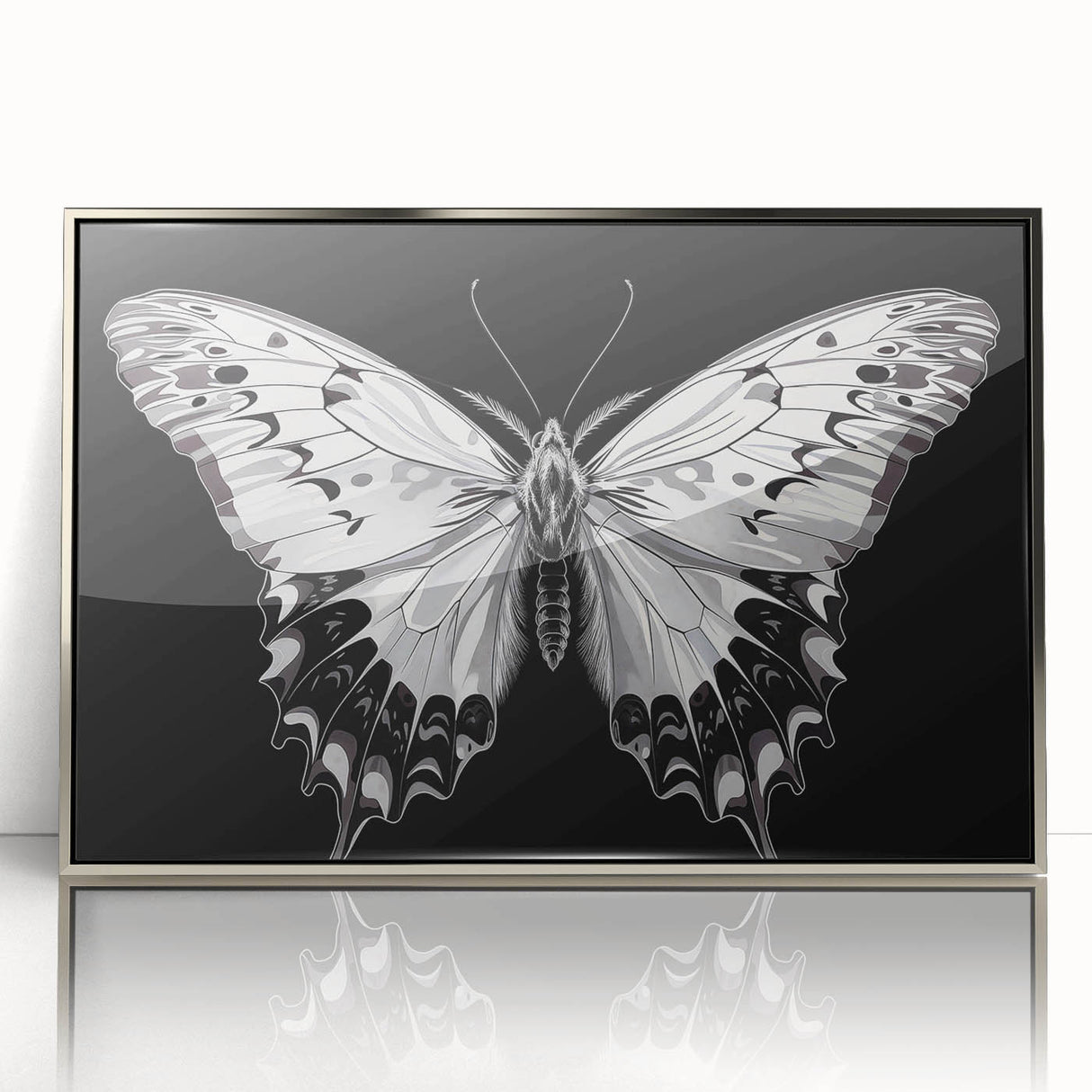 Framed wall art featuring a vibrant butterfly and insect design, set in a sleek silver frame, perfect for enhancing modern decor in any room.