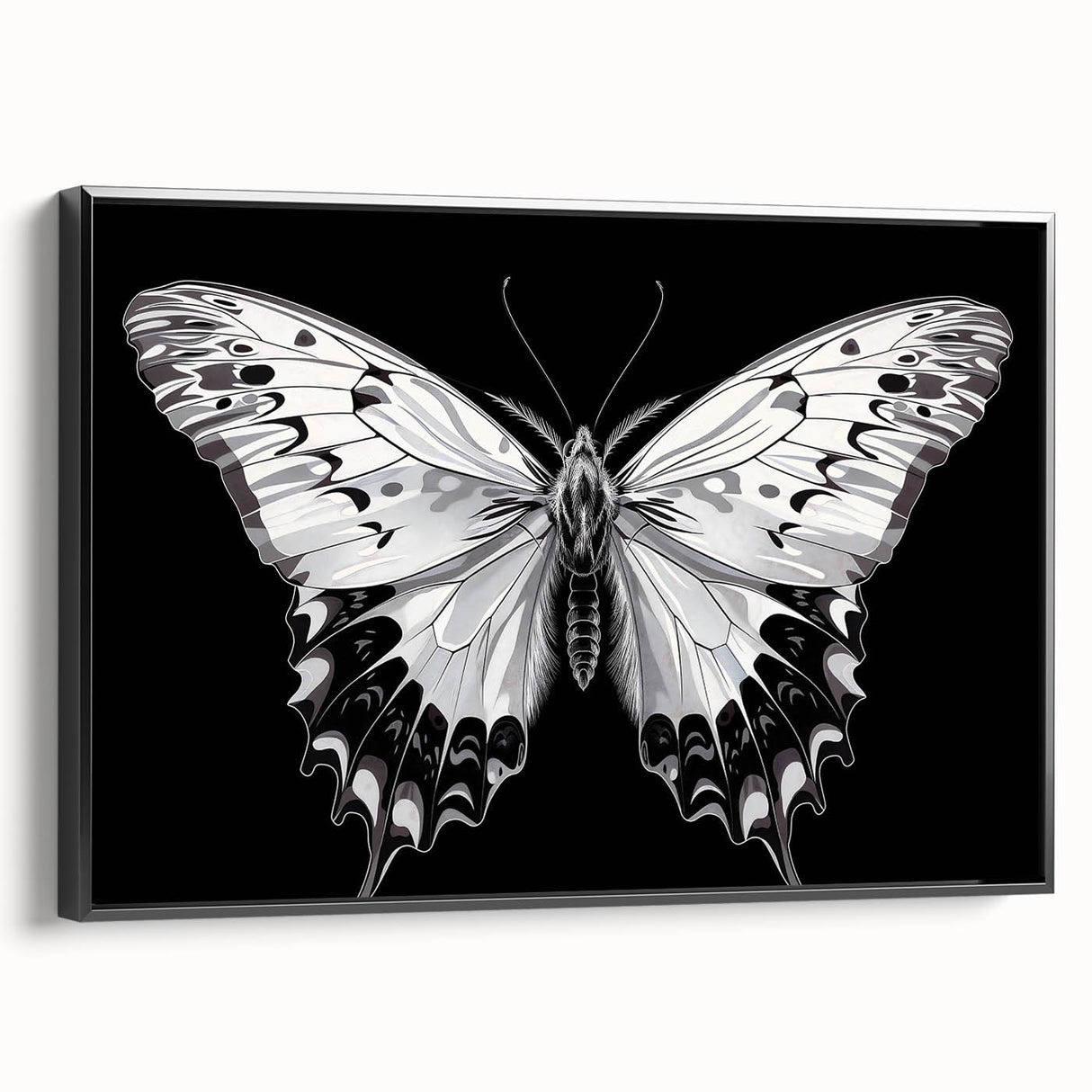 Framed wall art featuring a vibrant butterfly design from the Insect and Arachnid collection, showcasing intricate details and a sleek black frame, perfect for modern decor.