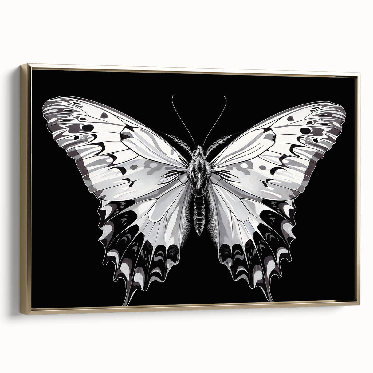 Framed wall art featuring a butterfly design in vibrant colors, showcasing intricate details on a textured canvas, with a gold frame adding elegance and style.