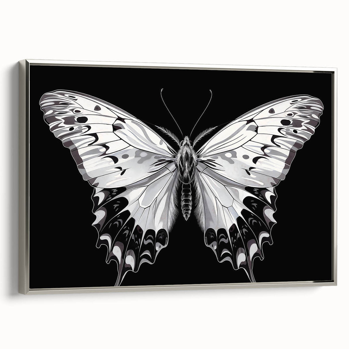 Framed wall art collection showcasing a colorful butterfly design with intricate details on a silver background, ideal for nature-inspired home décor.