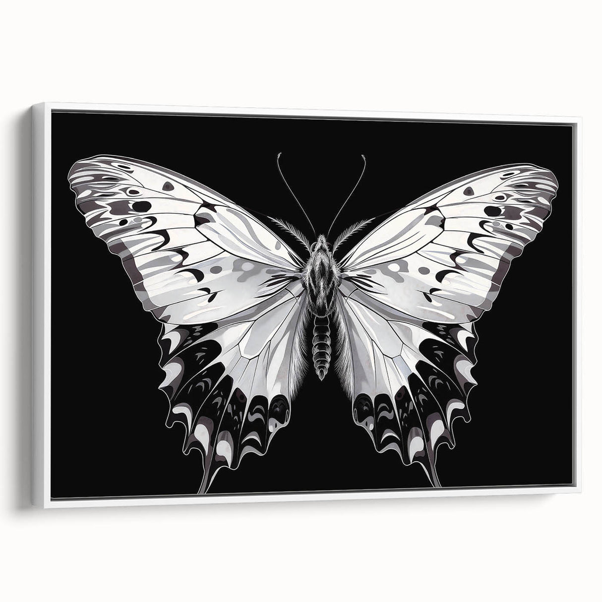 Framed wall art showcasing a colorful butterfly design, with vibrant hues on a white background. Perfect for nature lovers and home decor enthusiasts seeking a unique touch.