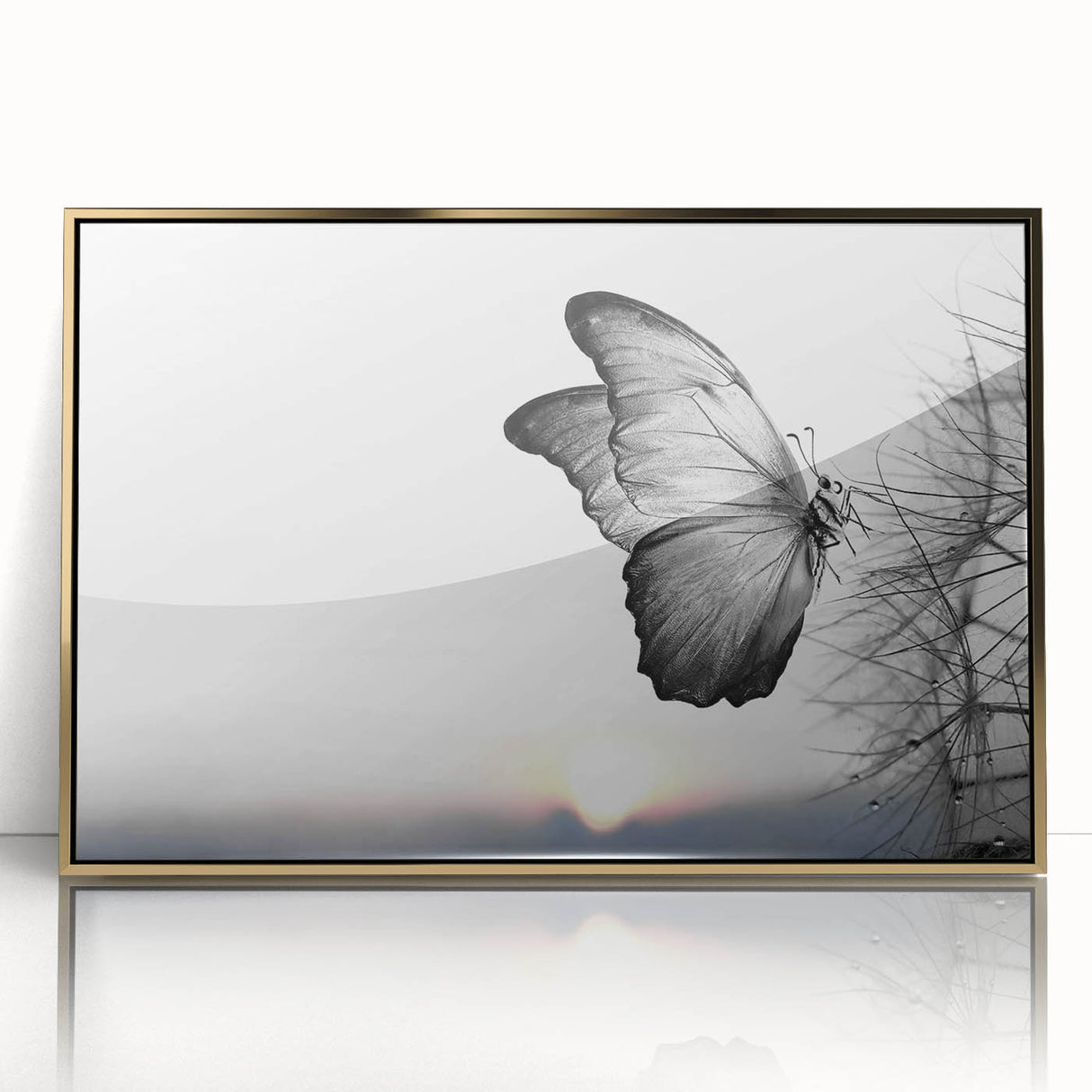 Framed wall art featuring a colorful butterfly design from the Insect and Arachnid collection, showcased in an elegant gold frame against a white background.