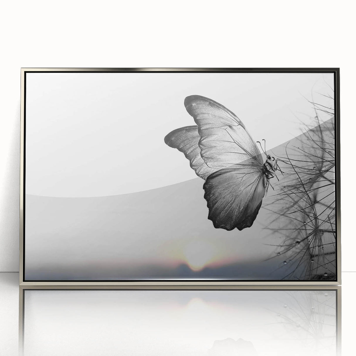 Framed wall art showcasing a vibrant butterfly design with intricate insect and arachnid details, set in a sleek silver frame, ideal for home decor.