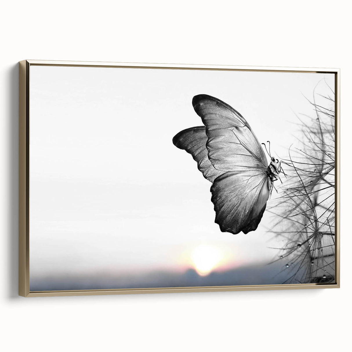 Framed wall art featuring a vibrant butterfly design, showcasing intricate details and a gold frame. Perfect for adding a touch of elegance to home decor.