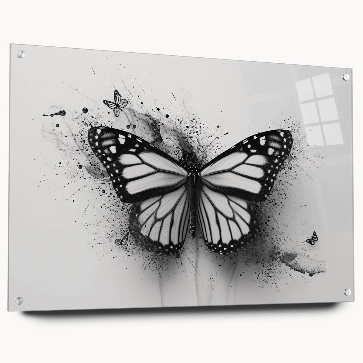 Colorful butterfly wall art collection displayed in a sleek acrylic frame, showcasing intricate insect designs and vibrant hues against a neutral background. Ideal for nature-inspired decor.