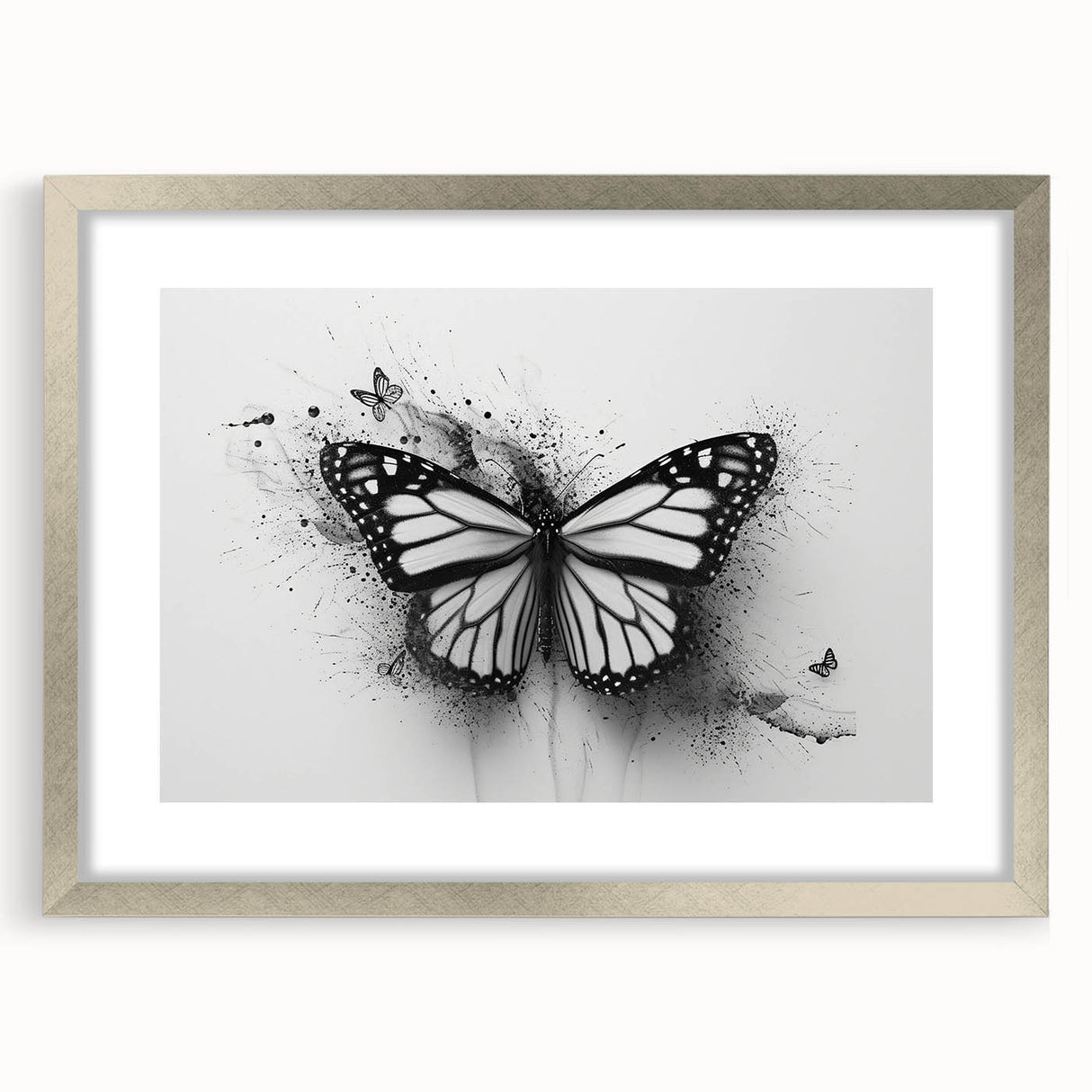 Framed wall art collection featuring a butterfly and arachnid design, with a sleek silver frame and mat, perfect for adding a touch of nature-inspired elegance to home decor.