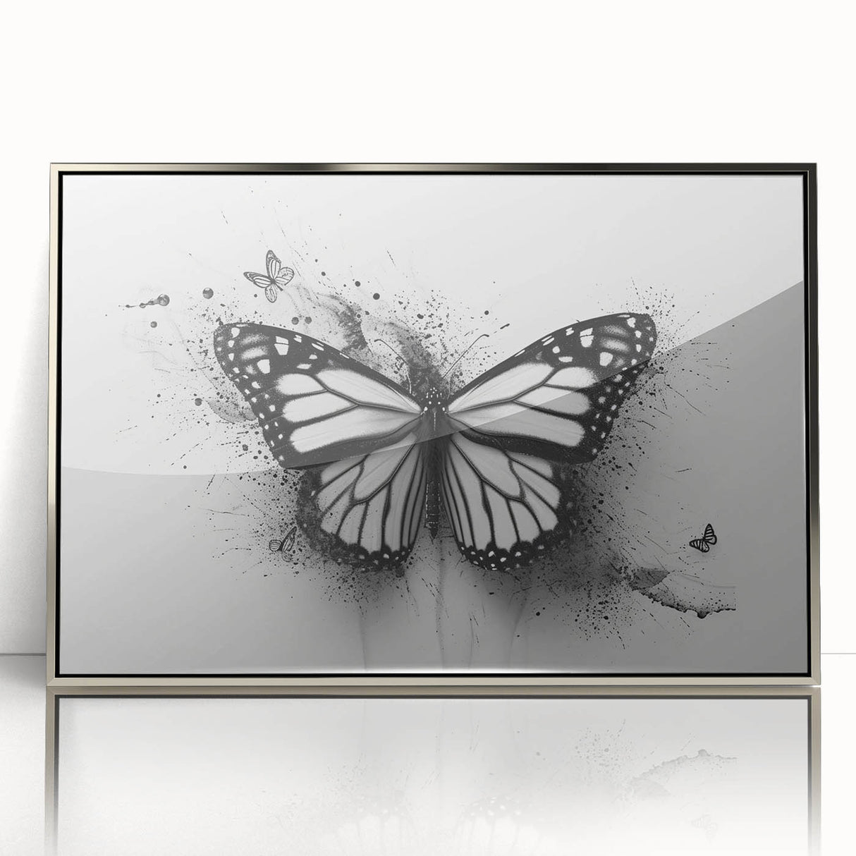 Framed acrylic wall art showcasing a vibrant butterfly and arachnid design, featuring a sleek silver frame, ideal for modern decor and insect enthusiasts.
