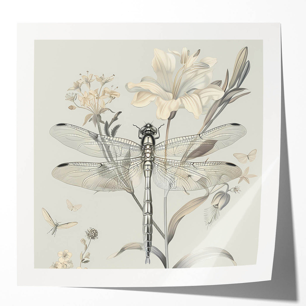 Dragonfly-themed wall art print showcasing intricate details and vibrant colors on a glossy surface, ideal for nature-inspired home decor.